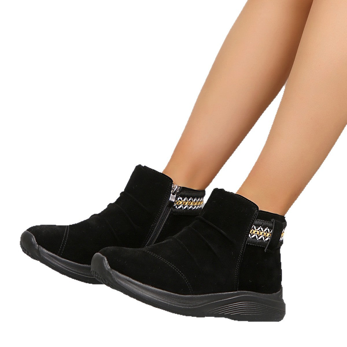 Bottes courtes plissées pour femme – Semelle épaisse, fermeture zippée latérale, bout rond en daim – Style Martin tendance et confortable - éclat féminin
