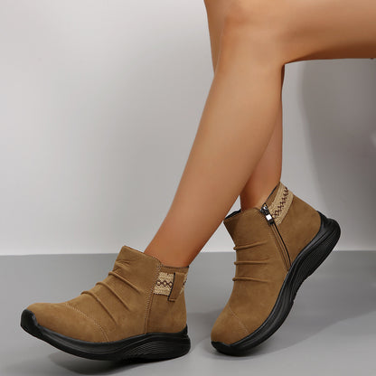 Bottes courtes plissées pour femme – Semelle épaisse, fermeture zippée latérale, bout rond en daim – Style Martin tendance et confortable - éclat féminin