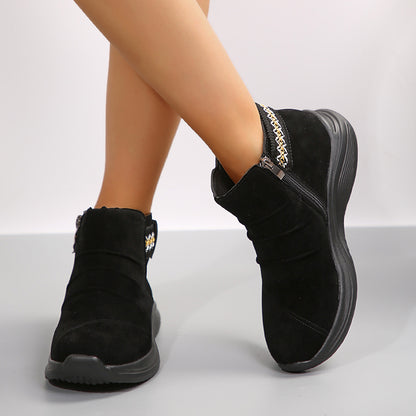 Bottes courtes plissées pour femme – Semelle épaisse, fermeture zippée latérale, bout rond en daim – Style Martin tendance et confortable - éclat féminin